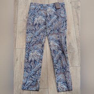 $670 Mens ETRO Floral Print Trousers Navy/Brown 50 US 34